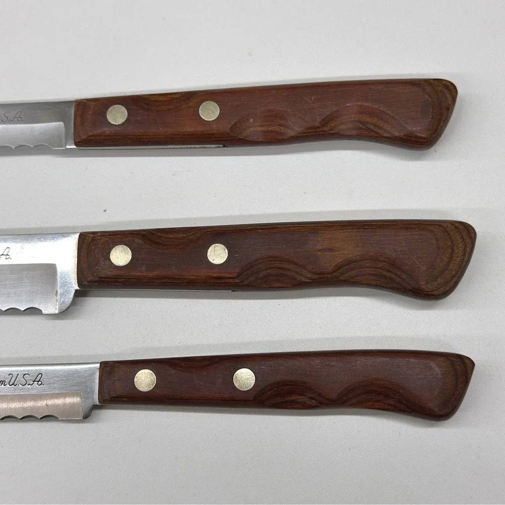 Vintage Flint Stainless Vanadium USA Knife Set of 3 Serrated Wood Handle Cutlery